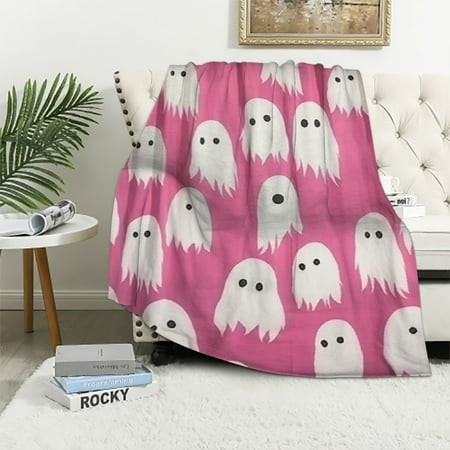 MAXIAO 2024 Halloween Blanket Viral Pink Ghost Blanket Reversible Cute Spooky Bed Throw Warm Cozy & Lightweight Kawaii Flannel Fluffy Blankets Cover f