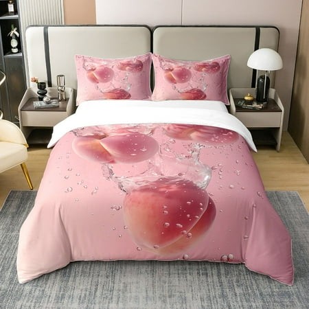 YST 100% Natural Cotton Pink Peach Print Pattern Comforter Cover Full Size 3D Peach Printed Duvet Cover Girly Sweet Style Bedding Set Bedroom Decor wi