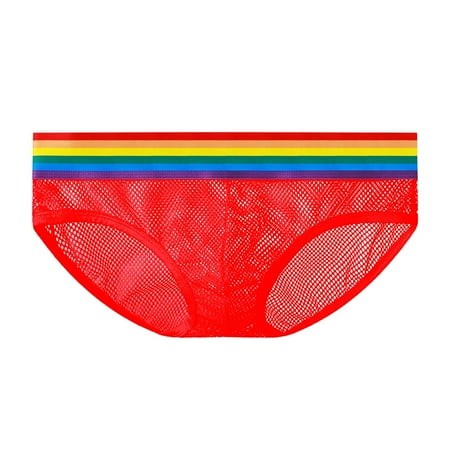 CLZOUD Sport Underwear Men Red Nylon Men S Briefs Men Grid Panties Rainbow Belt Briefs Fun Underwear Xxxl