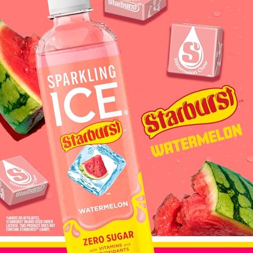 Sparkling Ice STARBURST Watermelon, Zero Sugar Flavored Sparkling Water, with Vitamins and Antioxidants, Low Calorie Beverage, 17 Fl Oz Bottles (Pack  thumbnail