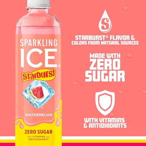 Sparkling Ice STARBURST Watermelon, Zero Sugar Flavored Sparkling Water, with Vitamins and Antioxidants, Low Calorie Beverage, 17 Fl Oz Bottles (Pack  thumbnail