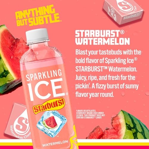 Sparkling Ice STARBURST Watermelon, Zero Sugar Flavored Sparkling Water, with Vitamins and Antioxidants, Low Calorie Beverage, 17 Fl Oz Bottles (Pack  thumbnail