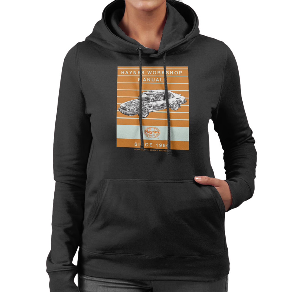 (Small, Black) Haynes Workshop Manual 0765 Saab 900 Turbo Stripe Women's Hooded Sweatshirt