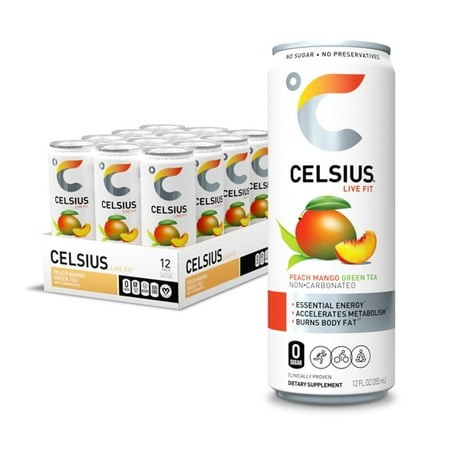 CELSIUS Essential Energy Drink 12 Fl Oz  Peach Mango Green Tea (Pack of 12)