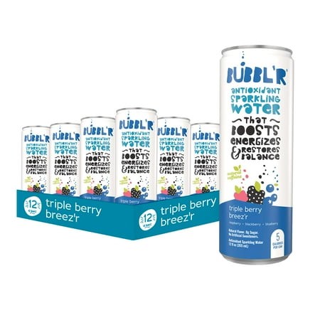 BUBBL R Triple Berry Breez R  Antioxidant Sparkling Water with Natural Caffeine  0g Sugar  Gluten Free  All Natural Flavors  12 Fl Oz Cans  12 Count