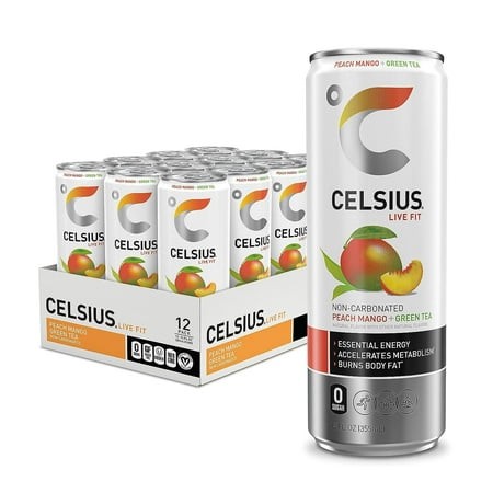 Celsius Peach Mango Green Tea  Functional Essential Energy Drink 12 Fl Oz (Pack of 12)