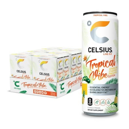 Celsius Sparkling Tropical Vibe  Functional Essential Energy Drink 12 Fl Oz (Pack of 24)