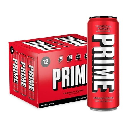 Prime Energy Drink  Tropical Punch   Naturally Flavored  200Mg Caffeine  Zero Sugar  300Mg Electrolytes  Vegan  12 Fl Oz per Can (Pack of 12)