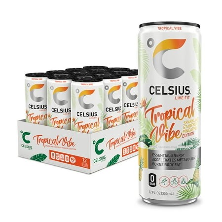 Celsius Sparkling Tropical Vibe  Functional Essential Energy Drink 12 Fl Oz (Pack of 12)
