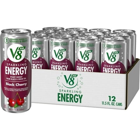 Revitalize with V8 + Sparkling Black Cherry Energy Drink - Real Fruit & Vegetable Juices  11.5oz Can (Pack of 12)