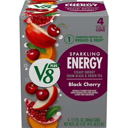 Revitalize with V8 +Sparkling Energy Black Cherry Energy Drink - Infused with Real Fruit and Vegetable Juices - 11.5 Fl Oz Can (4 Pack)
