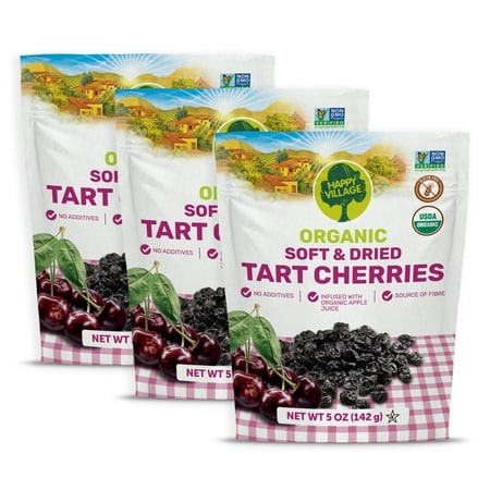 Happy Village Organic Whole Dried Tart Cherries  15 OZ (Pack of 3)  Soft & Juicy  Kosher  Non-GMO  No Refined Sugar  Organic Apple Juice Infused Organ
