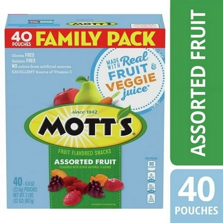 Mott S Fruit Flavored Snacks  Assorted Fruit  Pouches  0.8 Oz  40 Ct
