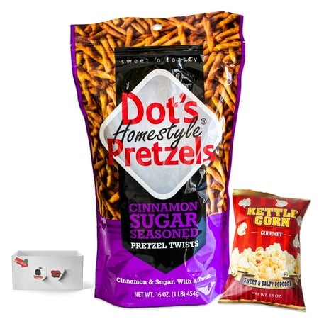 Dots Cinnamon Sugar Pretzel Twists (1  16oz Bag) - Sweet and Salty Butter Kettle Popcorn (1  5oz Bag) - Gourmet Snack Bundle - 2 Items Total