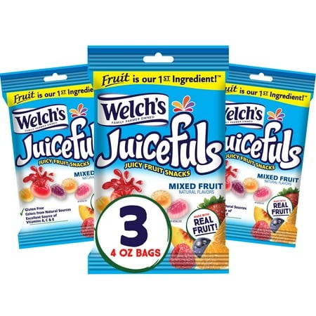 Welch S Juicefuls Juicy Fruit Snacks  Mixed Fruit  Fruit Gushers  Gluten Free  4 Oz Sharing Size Bags (Pack of 3)