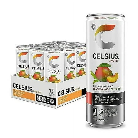CELSIUS Peach Mango Green Tea  Functional Essential Energy Drink 12 Fl Oz (Pack of 12)