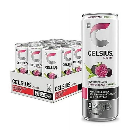 CELSIUS Raspberry Acai Green Tea  Functional Essential Energy Drink 12 Fl Oz (Pack of 12) Packaging May Vary