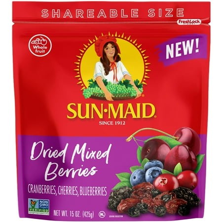 Sun-Maid Dried Mixed Berries SE33 - 15 Oz Resealable Bag - Cranberries  Cherries  and Blueberries - Dried Fruit Snack for Lunches  Snacks  and Natural