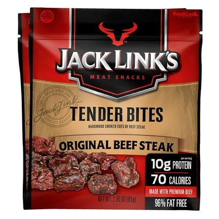 Jack Link’s Beef Tender Bites  Original Beef Steak  2.85 Oz Bag  Pack of 2 – on-the-Go  Poppable Meat Snack  Good Source of Protein  Made with 100