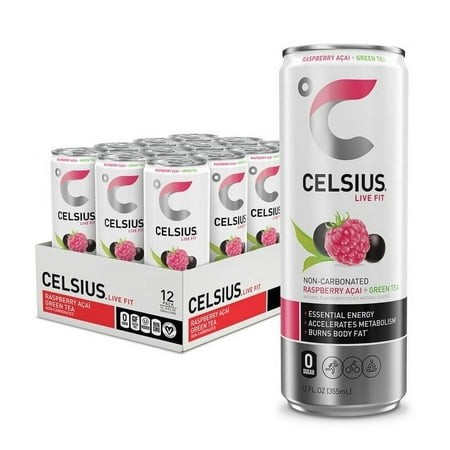 CELSIUS Raspberry Acai Green Tea  Functional Essential Energy Drink 12 Fl Oz Pack of 12 (Pack of 2)