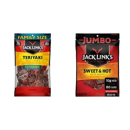Jack Link’s Beef Jerky  Teriyaki  ½ Pounder. Bag – Flavorful Meat Snack  11g of Protein and 80 Calories & Beef Jerky  Sweet & Hot  5.85 Oz. Shari