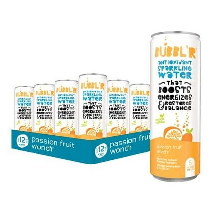 BUBBL R Passion Fruit Wond R  Antioxidant Sparkling Water with Natural Caffeine  0g Sugar  Gluten Free  All Natural Flavors  12 Fl Oz Cans  12 Count