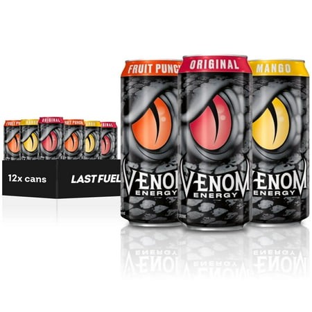 Venom Energy Drink  Variety Pack (Original  Mango  and Fruit Punch)  0 Fat  160mg Caffeine  16 Fl Oz (Pack of 12)