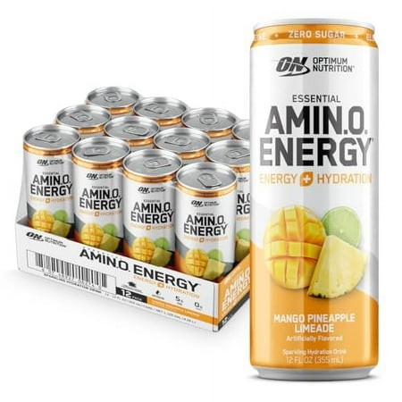 Optimum Nutrition Amino Energy Sparkling Hydration Drink  Electrolytes  Caffeine  Amino Acids  BCAAs  Sugar Free  Mango Pineapple Limeade  12 Fl Oz  1