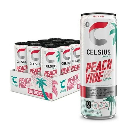 CELSIUS Sparkling Peach Vibe  Functional Essential Energy Drink 12 Fl Oz Can Pack of 12 (Pack of 2)