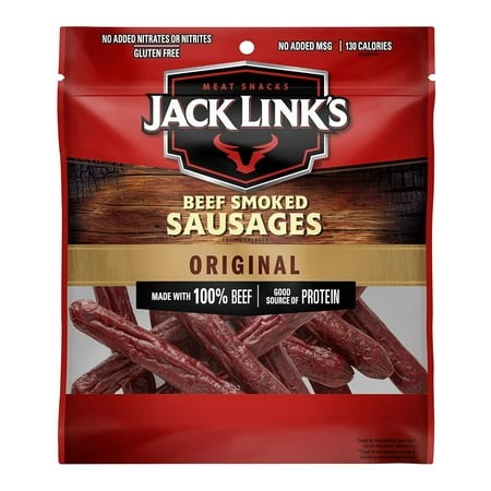 Jack Link’s Beef Smoked Sausages  Original  4 Oz. Bag - Flavorful Ready to Eat Meat Snack with 7g of Protein  Made with Premium Beef - No Added MSG 