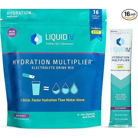 Liquid I.V. Hydration Multiplier - Acai Berry - Hydration Powder Packets | Electrolyte Drink Mix | Easy Open Single-Serving Stick | Non-GMO | 16 Stick