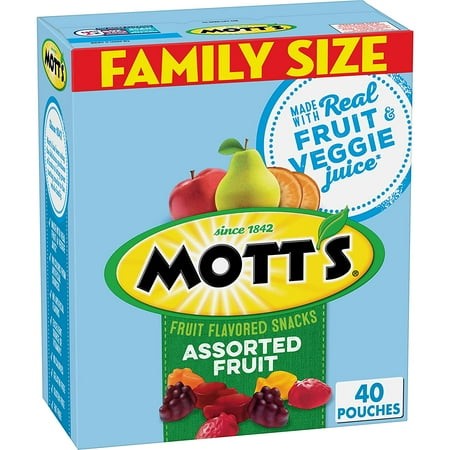 Mott S Fruit Flavored Snacks  Assorted Fruit  Pouches  0.8 Oz  40 Ct
