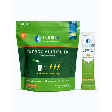 Liquid I.V. Hydration + Energy Multiplier - Mango Tamarind - Hydration Powder Packets | Electrolyte Powder Drink Mix | Easy Open Single-Serving Servin