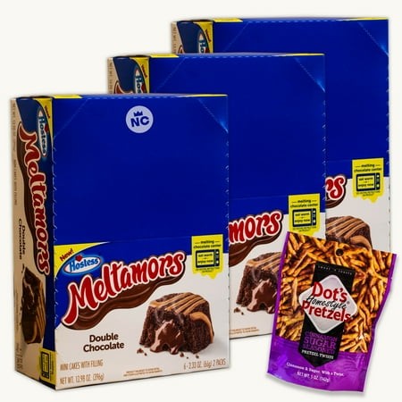 Hostess Meltamors Double Chocolate Cakes - Single Serve - (18 Double Pack Cakes) - Cinnamon Sugar Seasoned Pretzel Twists (1  5oz Bag) - Gourmet Snack