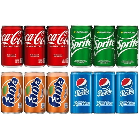 24 Mini Cans of Variety Soda  4 Flavors  6 Coke Classic  6 Pepsi Real Sugar  6 Sprite  6 Fanta Orange  7.5 Fl Oz