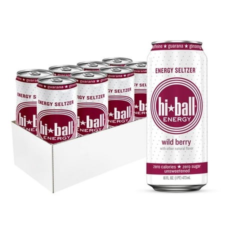 Hiball Energy Seltzer Water  Caffeinated Sparkling Water Made with Vitamin B12 and Vitamin B6  Sugar Free (8 Pack of 16 Fl Oz)  Wild Berry