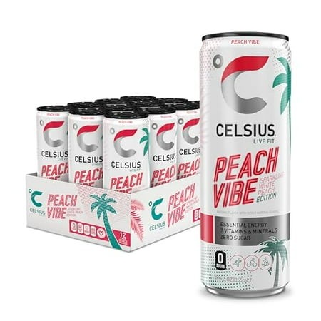 CELSIUS Sparkling Peach Vibe  Functional Essential Energy Drink 12 Fl Oz (Pack of 12)