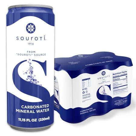 SOUROTI Sparkling Unflavored Carbonated Mineral Water 6-Can   12 Fl Oz   Imported from Greece