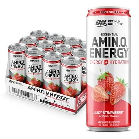 Optimum Nutrition Amino Energy Sparkling Hydration Drink  Electrolytes  Caffeine  Amino Acids  BCAAs  Sugar Free  Juicy Strawberry  12 Fl Oz  12 Pack 