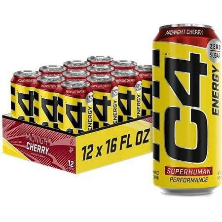 C4 Energy Carbonated Zero Sugar Energy Drink  Pre Workout Drink + Beta Alanine  Midnight Cherry  16 Fl Oz (Pack of 12)