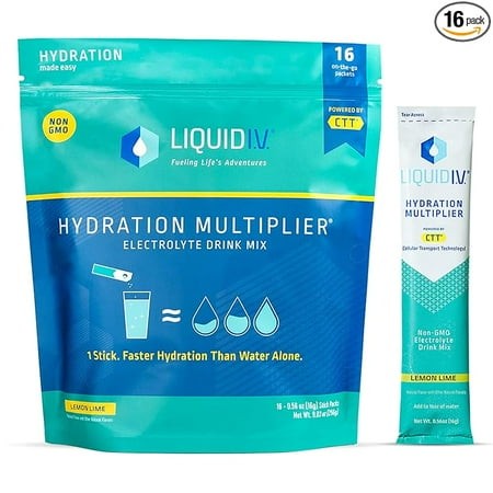 Liquid I.V. Hydration Multiplier - Lemon Lime - Hydration Powder Packets | Electrolyte Drink Mix | Easy Open Single-Serving | Non-GMO | 16 Sticks