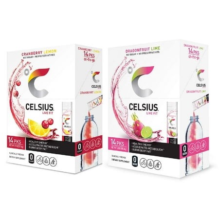 CELSIUS on-the-Go Powder Stick  Combo Pack of Dragonfruit Lime and Cranberry Lemon  28 Piece Assortment
