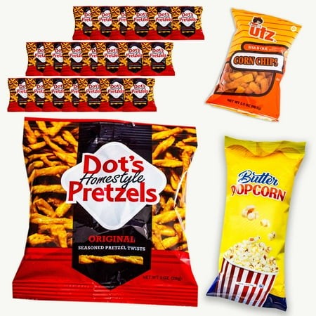 Dot S Original Seasoned Pretzel Twists (20  1oz Pks) - Butter Popcorn (1.15oz) - BBQ Corn Chips (3.5oz) - 22 Items