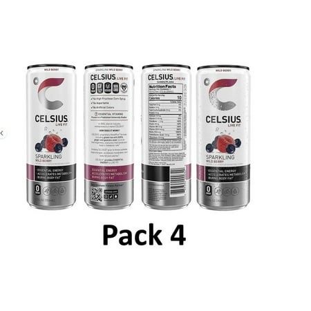 CELSIUS Sparkling Wild Berry  Functional Essential Energy Drink 12 Fl Oz Can (Pack of 4)