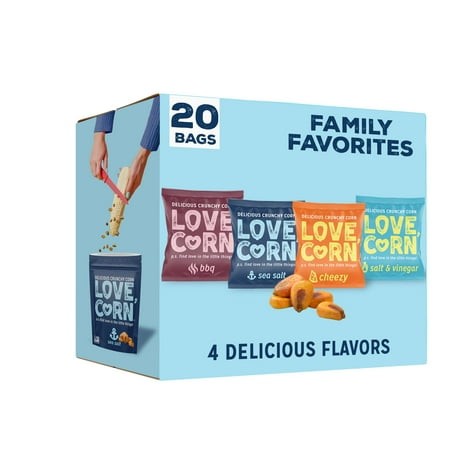 LOVE CORN Family Favorite - Sea Salt  BBQ  Salt & Vinegar  Cheezy 0.7oz X 20 - Delicious Crunchy Corn - Healthy Family Snacks - Gluten Free  NON-GMO -