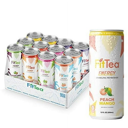 FitTea Healthy Energy Drink Variety Pack 12 Fl Oz - Sparkling Refresher (12 Pack) Natural Energy Drinks Sugar Free - Flavors Include Peach Mango X2  S