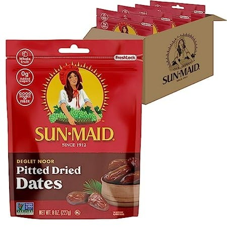 Sun-Maid Deglet Noor Pitted Dried Dates - (4 Pack) 8 Oz Resealable Bag - Pitted Deglet Noor Dates Dried Fruit Snack for Lunches  Snacks  and Natural S