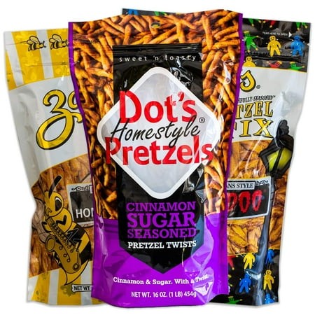 Dot S Cinnamon Sugar Pretzels - Variety Pack - Zapp S Jazzy Honey Mustard - Voodoo Pretzel Stix - 3  16oz Packs