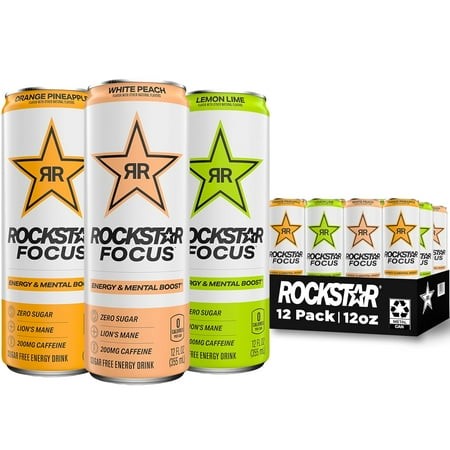 Focus Energy Drink  3 Flavor Variety Pack (White Peach  Lemon Lime  Orange Pineapple)  Lion S Mane  Zero Sugar  Zero Calories  12 Fl Oz Cans (Pack of 