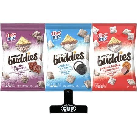 By the Cup Bag Clip with Muddy Buddies Variety Pack  Peanut Butter & Chocolate Flavor 4.5 Oz  Cookies & Cream 4.25 Oz  Brownie Supreme 4.5 Oz Bags  1 